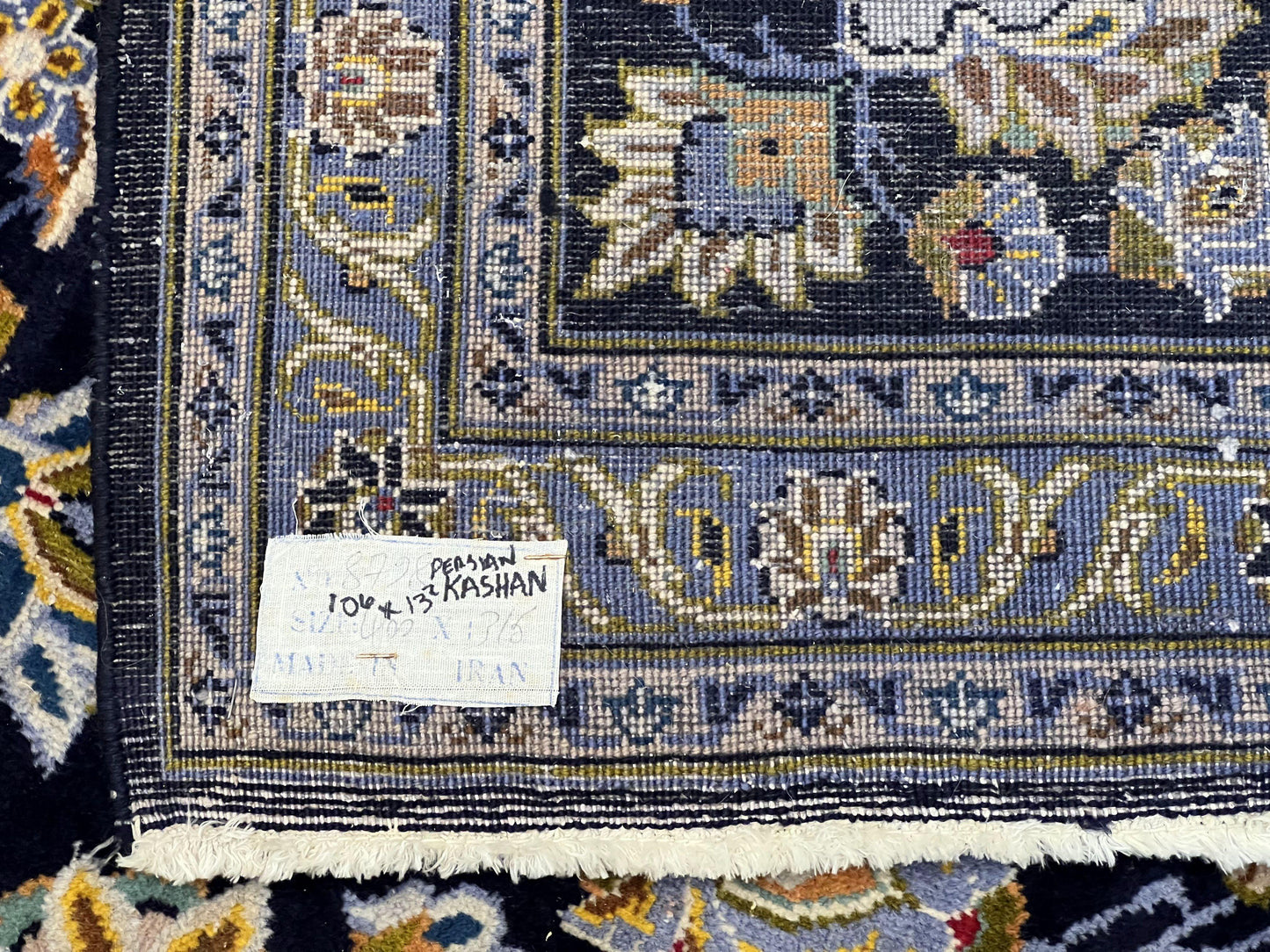 USED Wonderful Navy Blue Persian Kashan Rug 11x13, Allover Floral Design with Central Medallion, Wool Hand-Knotted Antique Carpet, Signed Rabani Rug