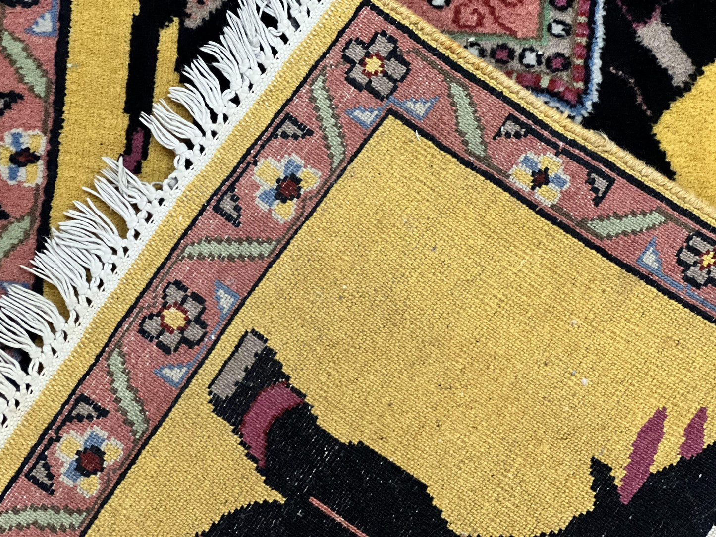 USED Unique Indian Pictorial Rug 2x3, Small Wool Hand Knotted Oriental Carpet, Yellow, Two Elephants, Handmade