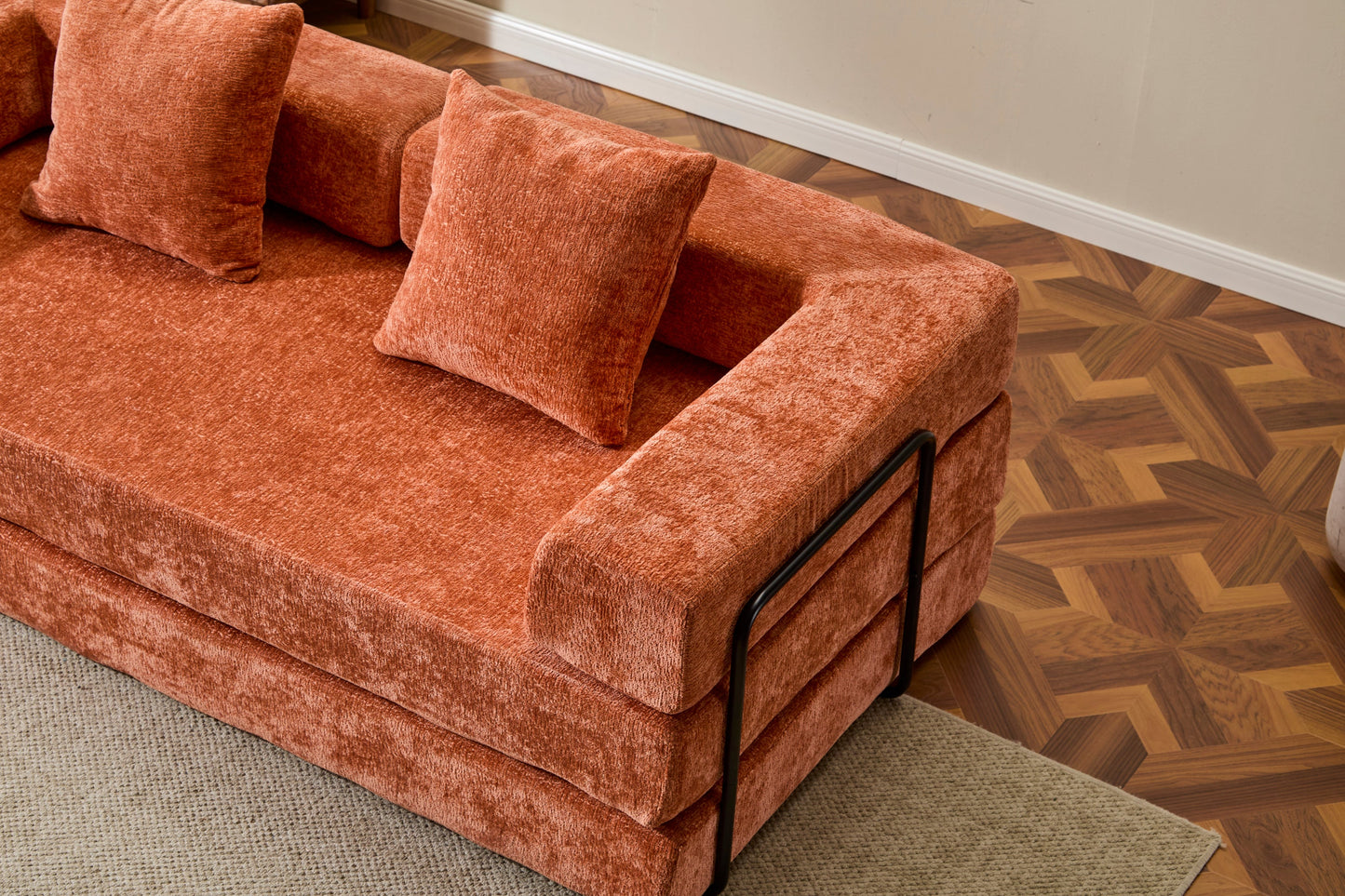 NEW Orange Chenille Fabric Comfy Futon Couch Lounge Sleeper Compression Convertible Floor Sofa Bed Couch with Pillow Back Support Armrest Bed