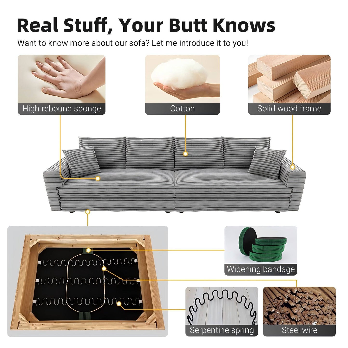 NEW 102.4' Grey Corduroy 4-Seat Comfy Upholstered Modern Plush Sofa