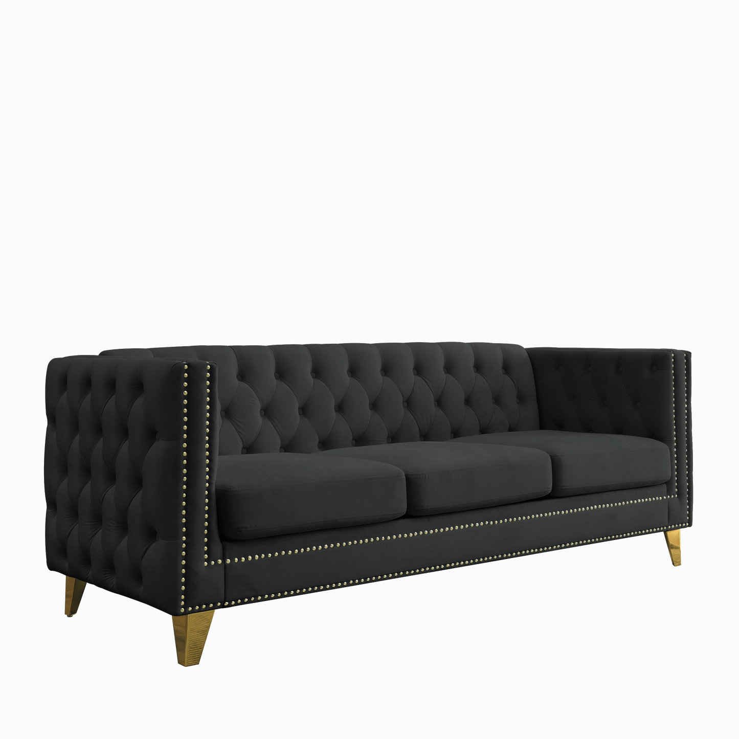 NEW 2pc Black Velvet Tufted Button Square Arm Couch Modern Upholstered Metal Legs Sofa