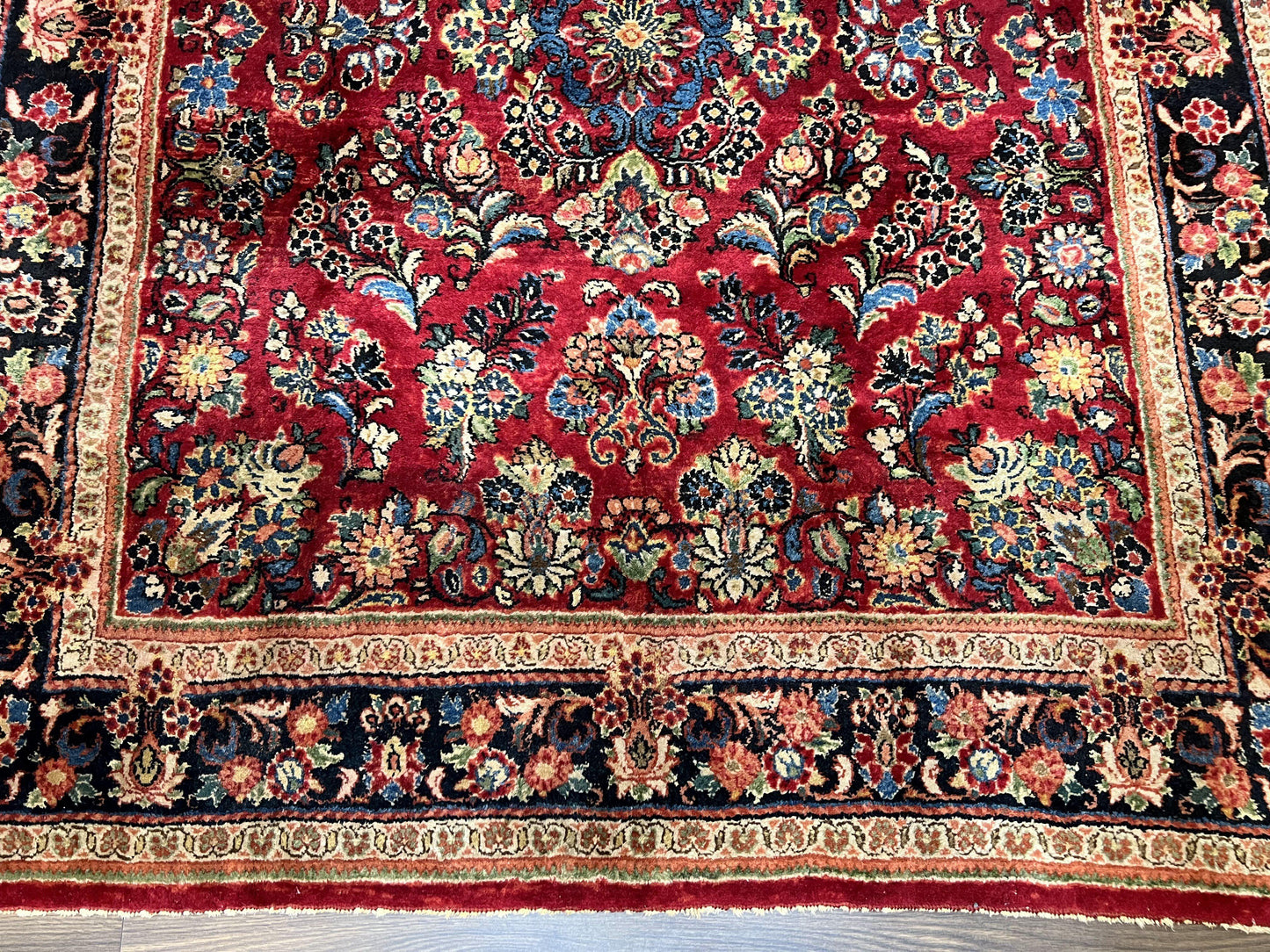 USED Rare Persian Almost Square Rug 6.3 x 5.3, Hand Knotted Wool Antique 1920s Sarouk Oriental Carpet, Red Navy Blue Beige, Floral Allover, 5x6 Area Rug