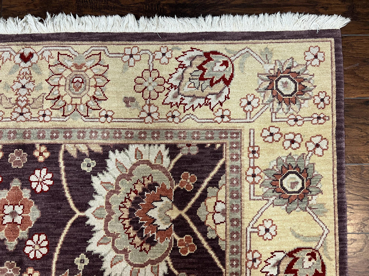 USED Vintage Indo Mahal Area Rug 6x9, Indian Persian Oriental Carpet 6 x 9, Puce Eggplant Tan Beige Rug, Hand-Knotted, Large Floral Design Wool