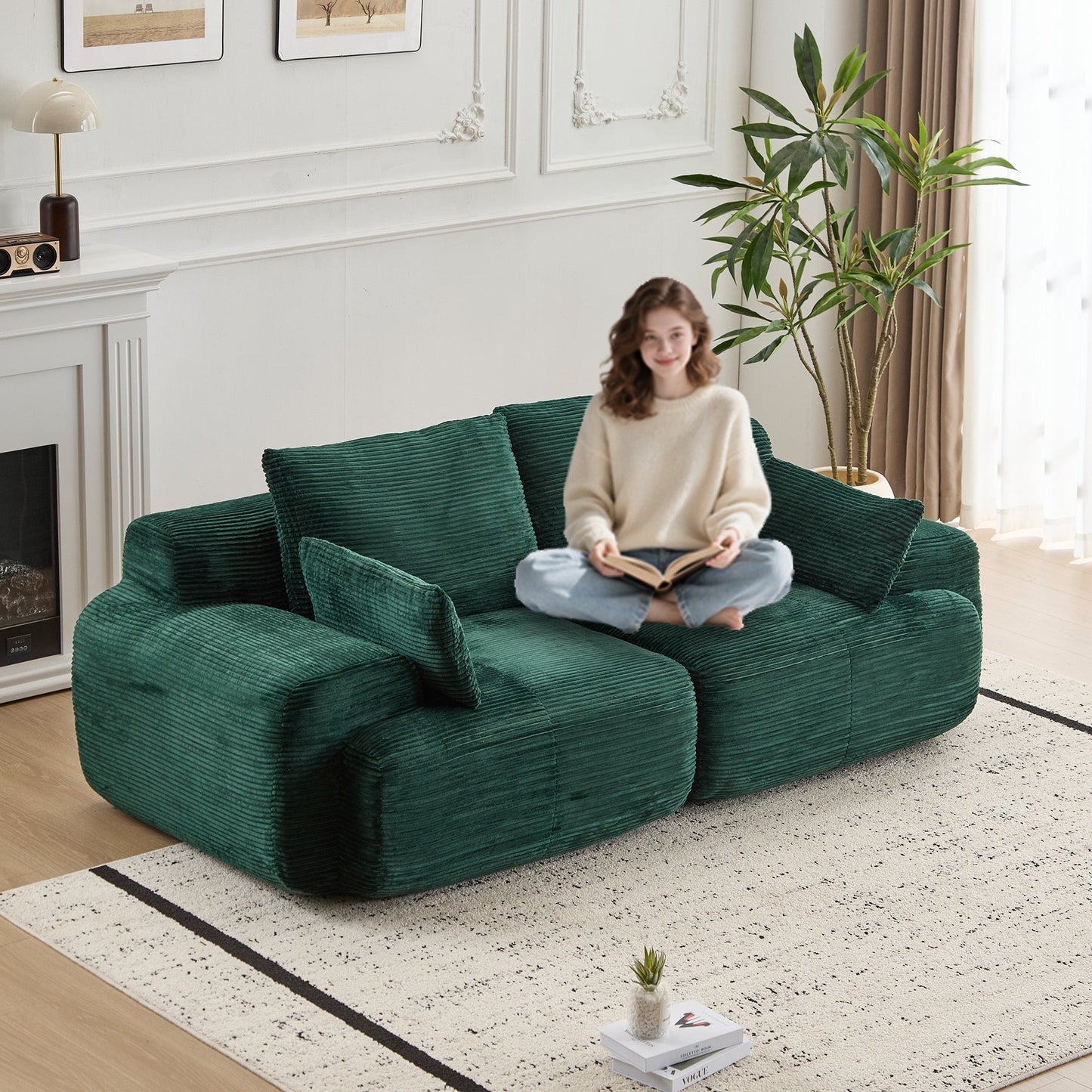 NEW Modern Memory Foam Green Corduroy Fabric Extra Deep Loveseat Compressed Sofa 2 Seater Large Modular Sectional Sofa Couch