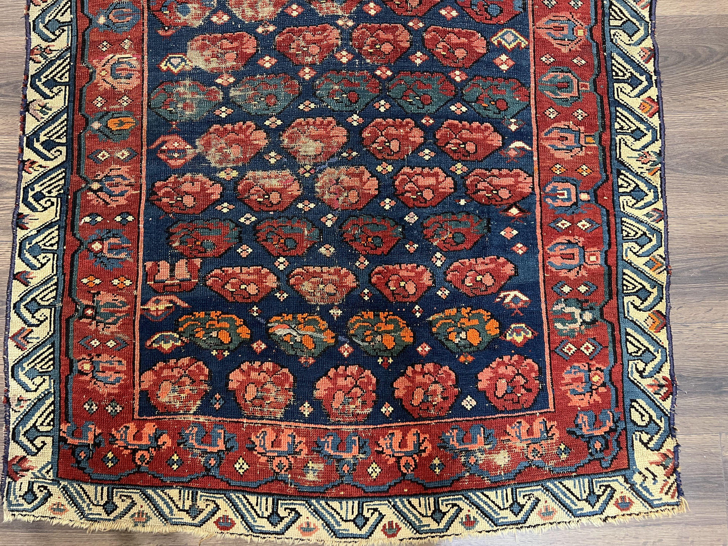 USED Antique Seychour Rug 4x7, Collectible Kuba Caucasian Carpet, Wool Handmade, Red Navy Blue Cream, Repeated Allover Motif, Early 20th Century