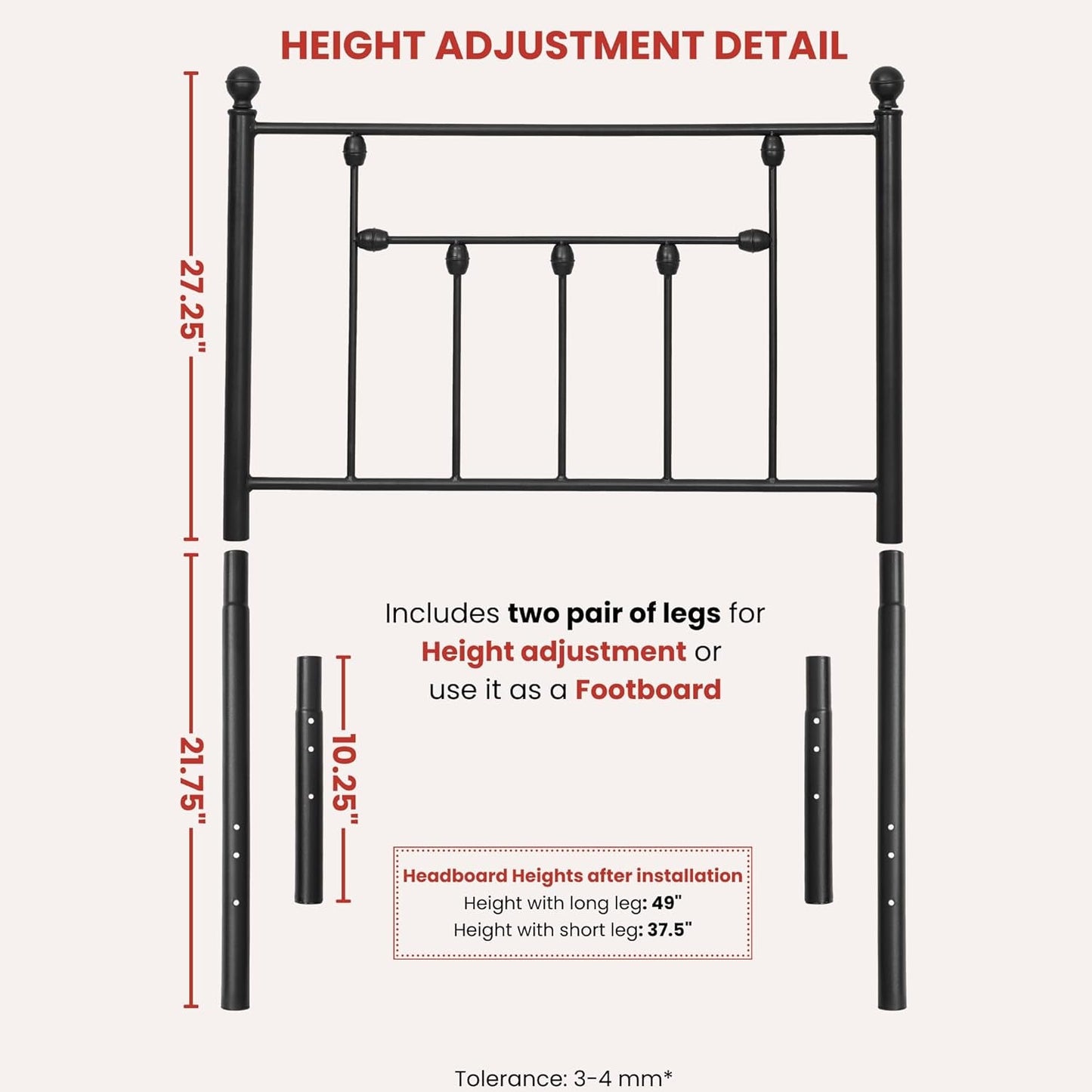 NEW Victorian Twin Size Metal Bed Frame with Adjustable Headboard