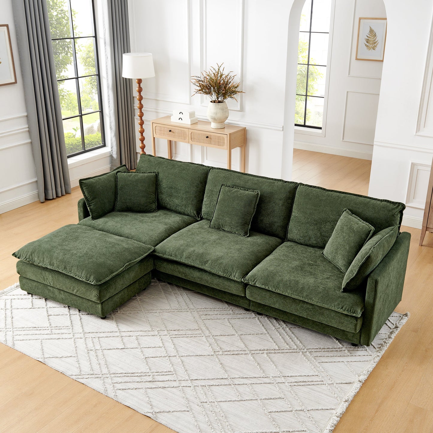 NEW Modern Home Living Room L-Shaped Sectional Sofa Couches with Ottoman, Convertible Oversized 4 Seater Couch Towel Fabric, Green