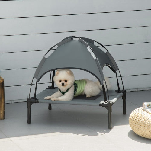 NEW PawHut 24in Gray Elevated Portable Metal Frame Dog Cot Pet Bed With UV Protection Canopy Shade