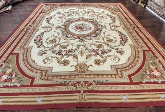 USED Aubusson Needlepoint Rug 9x11, Handmade Vintage Wool Flatweave Carpet, Elegant European Rug, Floral, Cream