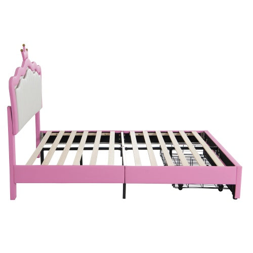 NEW Full Size Upholstered Bed Frame With LED Lights, Modern Upholstered Princess Bed With Crown Headboard, 2 Drawers