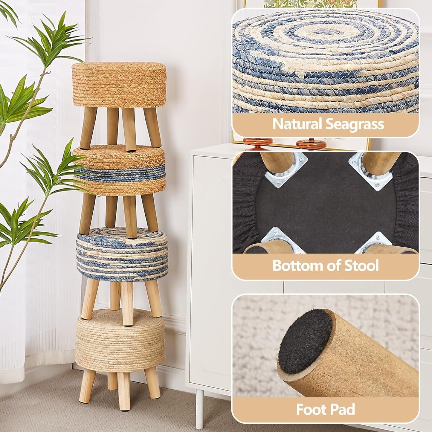 NEW Round Seagrass Ottoman Footstool Handwoven Natural Blue