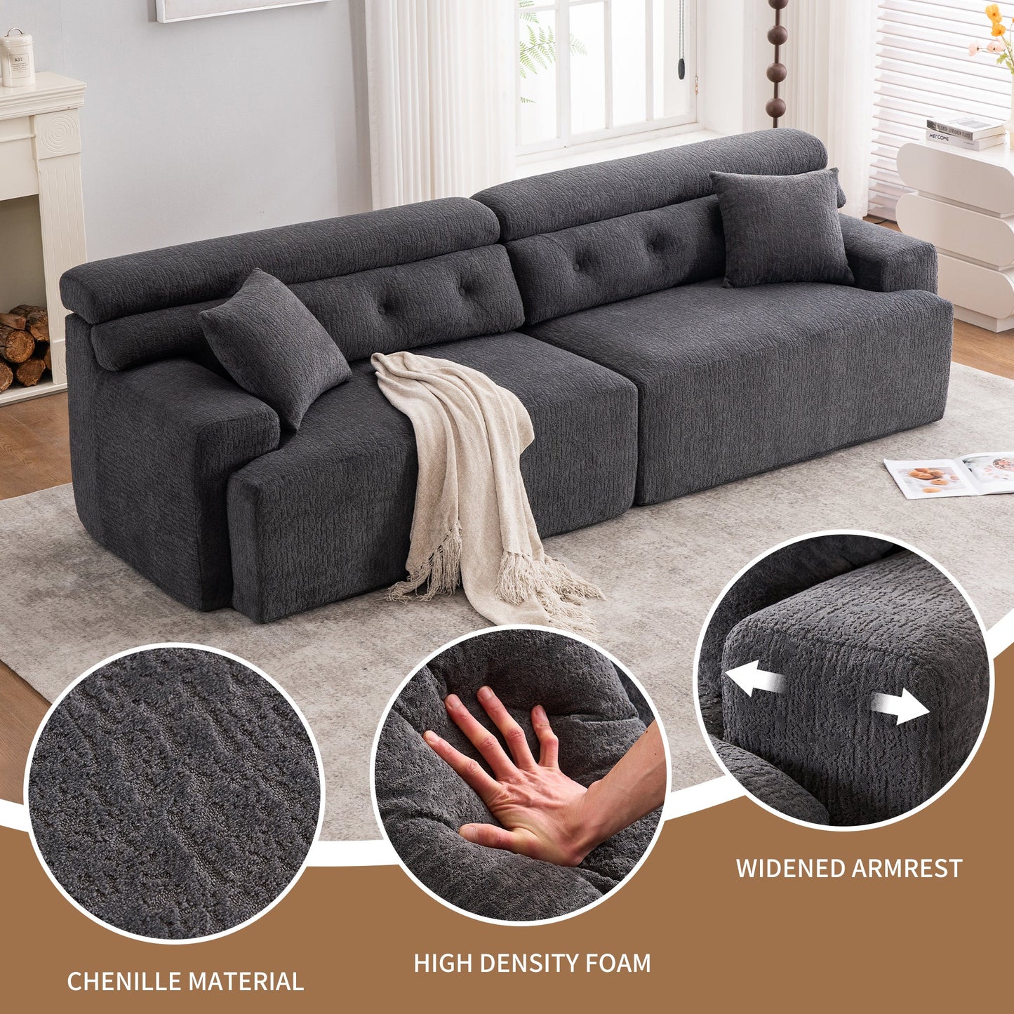 NEW LY-029 Gray 4-Seater Wood Grain Chenille Fabric Full Sponge Compression Sofa with 2 Pillows