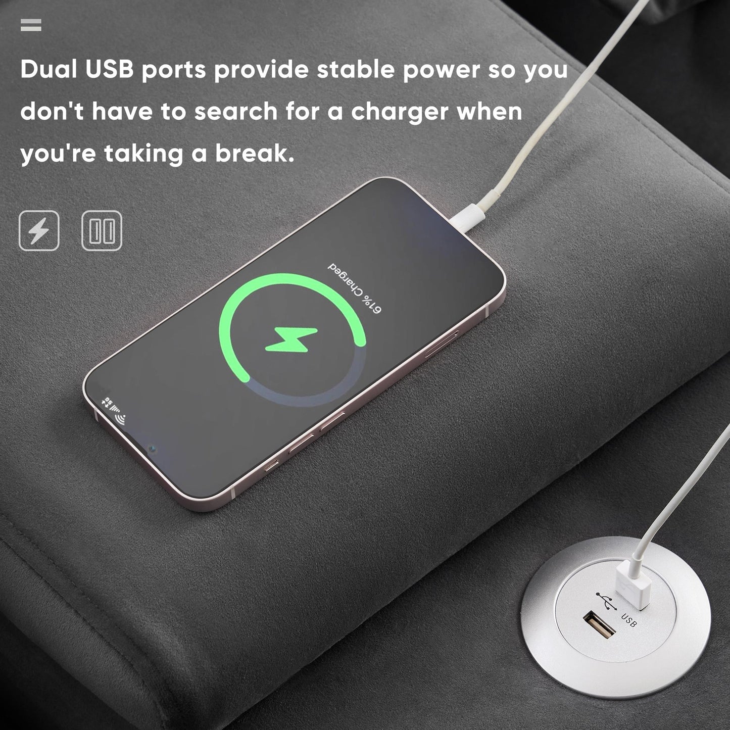 NEW Modern Gray Velvet Upholstered U-shaped 6-Seat Sofa with Console Cupholders and USB Ports