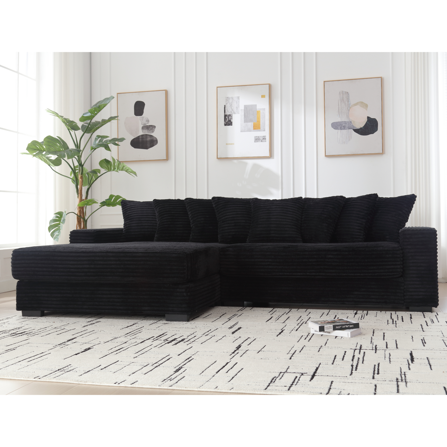 [NEW ARRIVED] [VIDEO PROVIDED] Oversized Two-Piece  Couches,  L Shaped Sofa, Corduroy, Left Chaise Daybed,with Armrests,Eight Throw Pillows,Corner Sofa,Easy To Assemble, Black