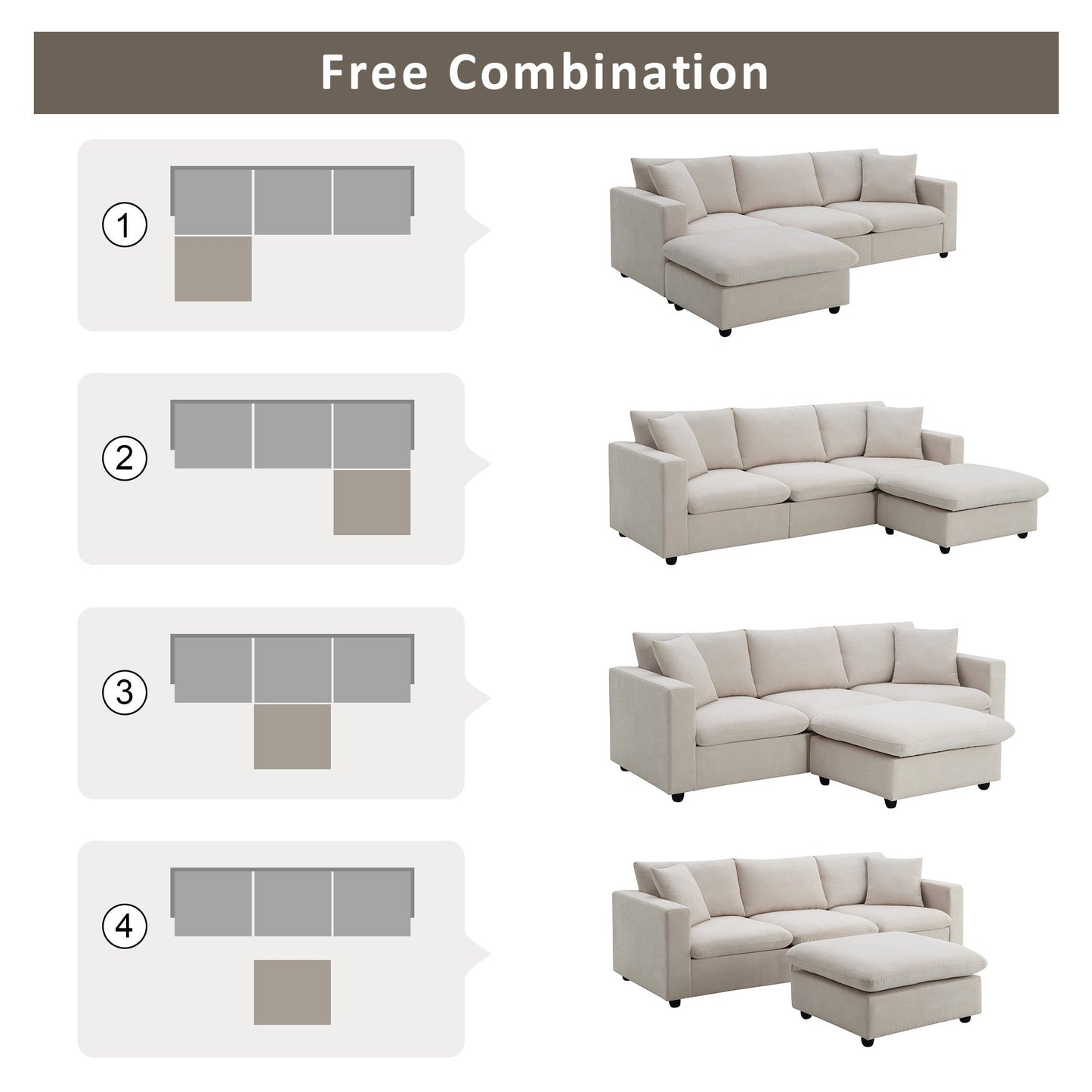 NEW Modern Sectional Sofa with Movable Ottoman and Throw Pillows