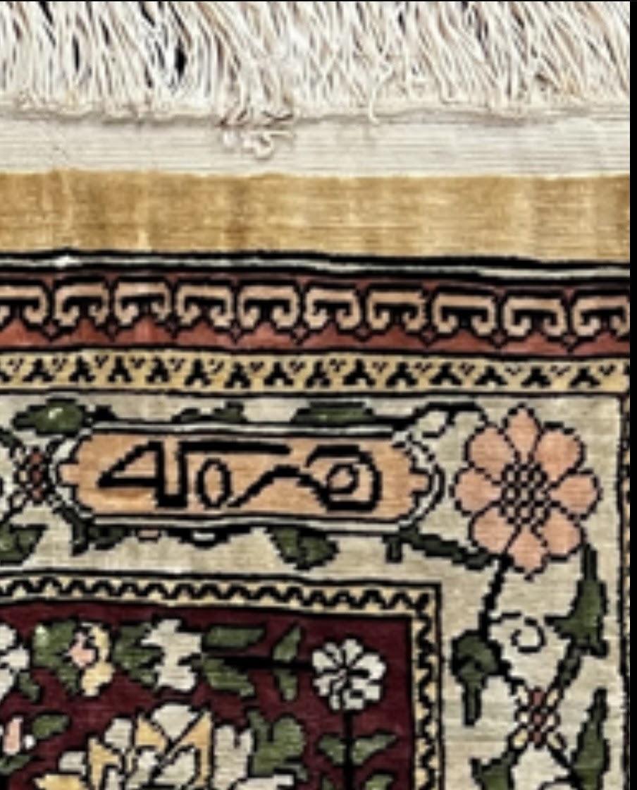 USED Wonderful Silk Turkish Hereke Prayer Rug 2.8 x 4.5, Tree of Life Design, Signature from Master Weaver, Gold and Burgundy, Handmade, 625 KPSI