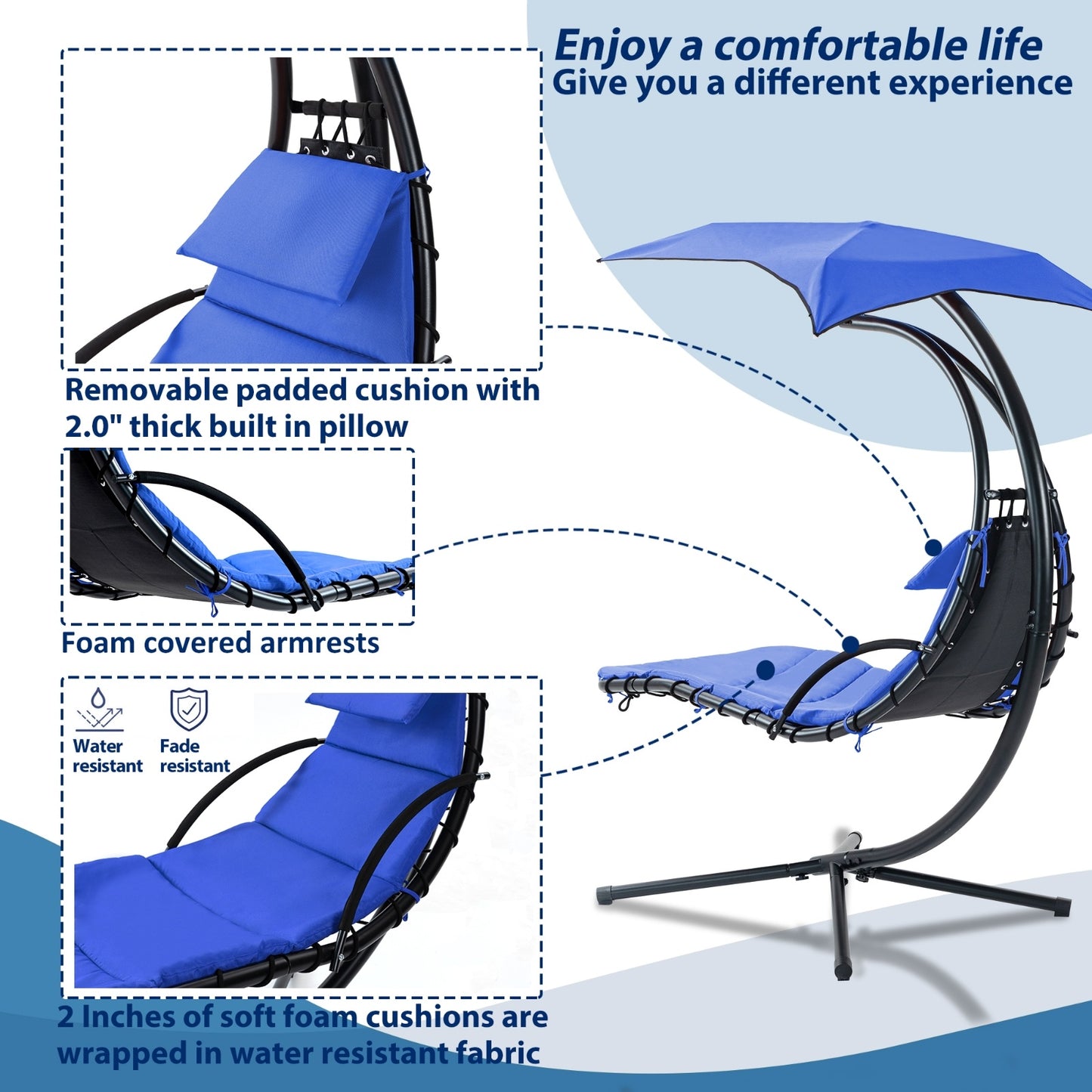 NEW Navy Blue Hanging Chaise Lounger With Removable Canopy Outdoor Swing Chair With Built-in Pillow