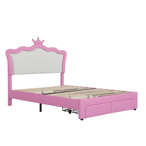 NEW Full Size Upholstered Bed Frame With LED Lights, Modern Upholstered Princess Bed With Crown Headboard, 2 Drawers