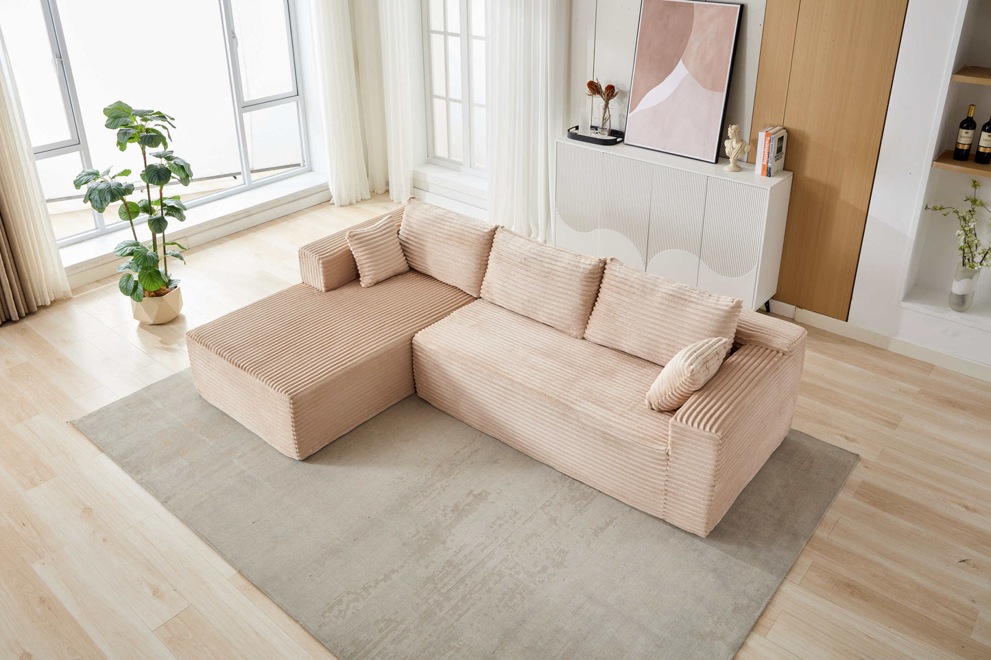 NEW Compression Sectional Couch with Comfy Chaise, Boneless L Shape Sofa with Deep Seat, Minimalist Modular Couches Sleeper for Living Room Bedroom Apartment Lounge,corduroy,Beige