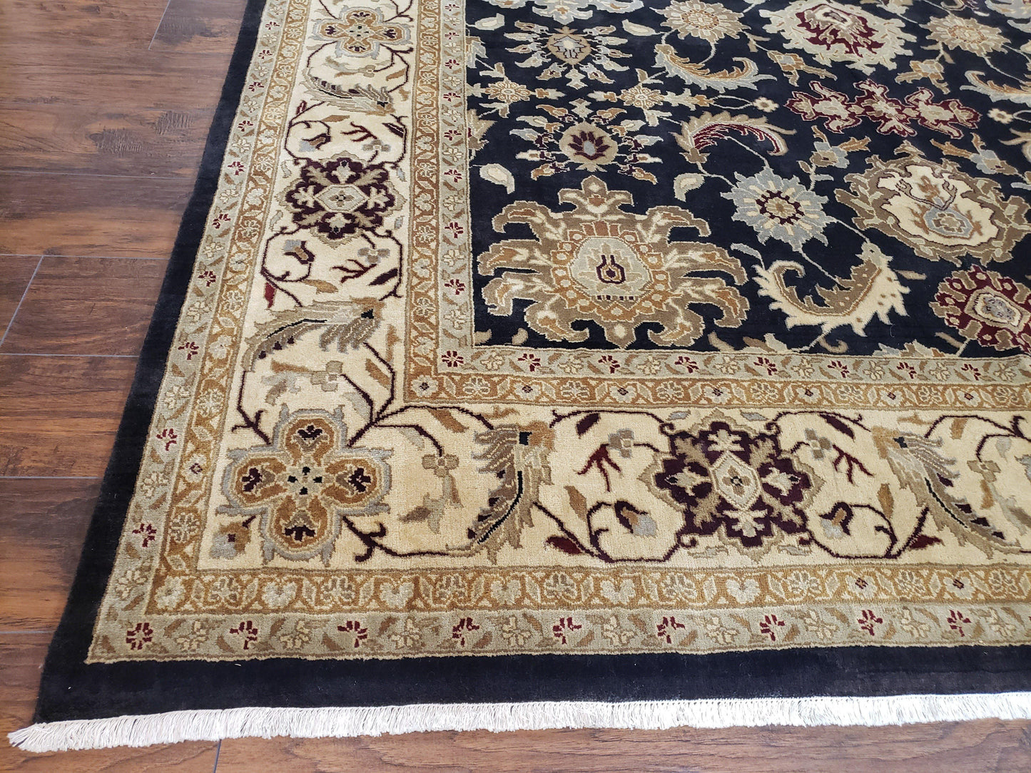 USED Indo Mahal Rug 8x12, Indian Sultanabad Handmade Area Rug, Vintage Hand-Knotted Wool Black Floral Traditional Oriental Dinning Room Rug