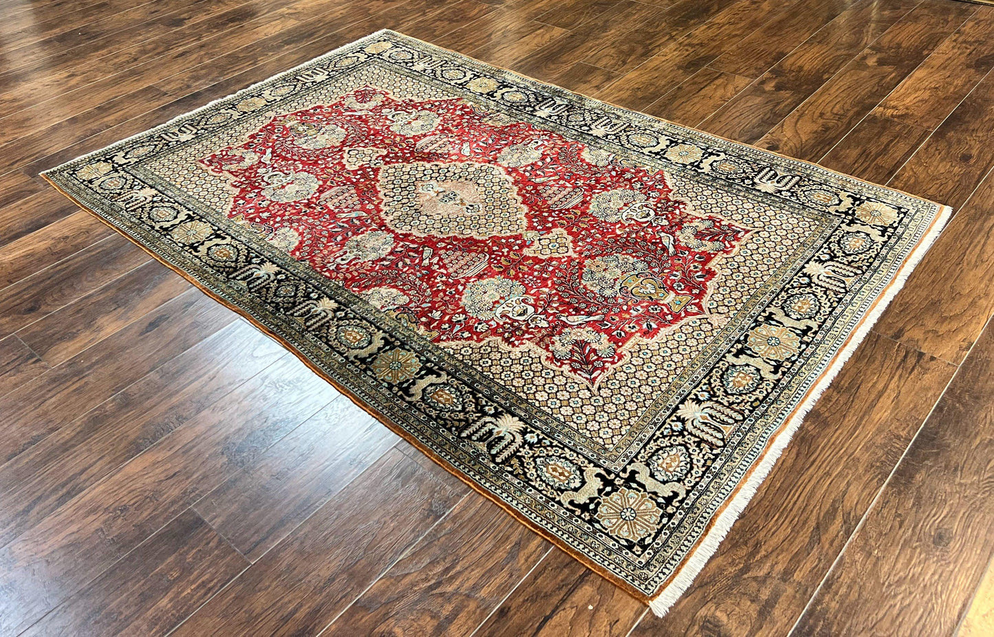 USED Wonderful Persian Silk Rug 5x7, Birds Floral Vases, Red, Hand Knotted Silk Fine Oriental Carpet, Handmade Vintage, Persian Qum Rug, 400 KPSI