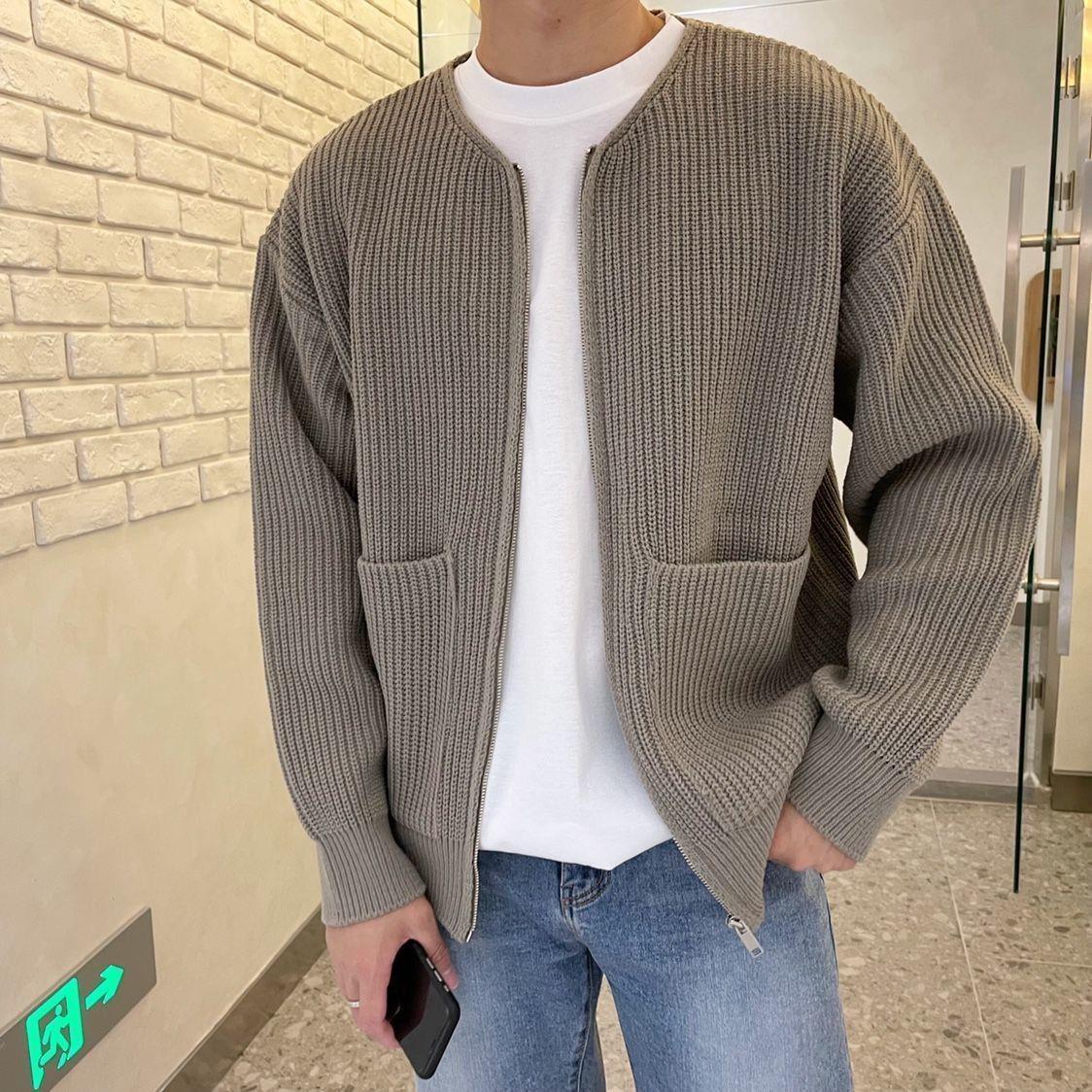 New Men Zip Up Knitted Cardigan Lined Funnel Neck Jumper Sweater Pockets Coat All Seasons Comfortable Soft Long Sleeve
