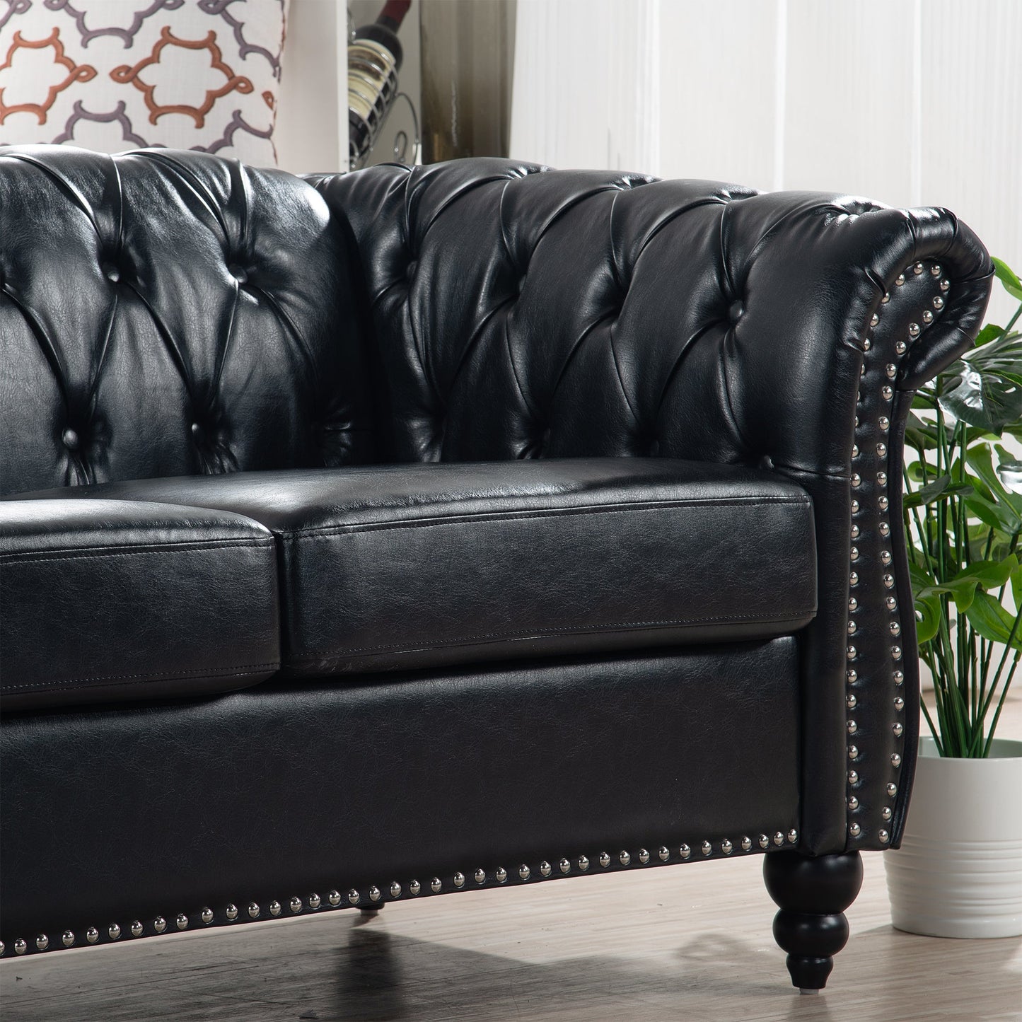 NEW 84.65' BLACK PU Rolled Arm Chesterfield Three Seater Sofa Couch