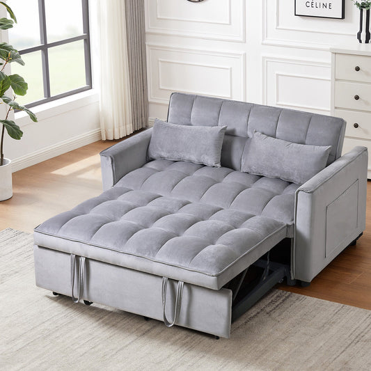 NEW 3 in 1 Convertible Sleeper Sofa Bed,  Modern Pull Out Couch Bed, Adjustable Backrest, Velvet Loveseat Futon Sofa with Pillows & Pockets for Living Room Apartment, Grey