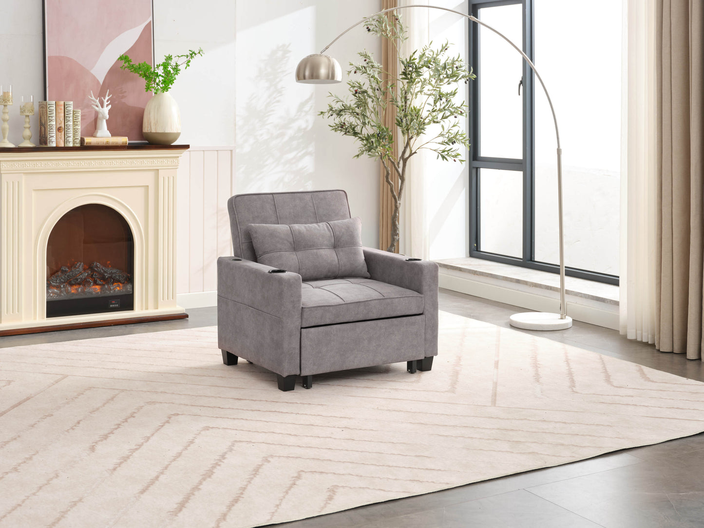 NEW Futon Chair Bed Convertible Chair 3-in-1 Pull Out Sleeper Chair Beds with USB Ports,Wear-resistant and Anti-scratch,  Armchair Bed Sleeper for Living Room (Light Grey Scratch Cloth)