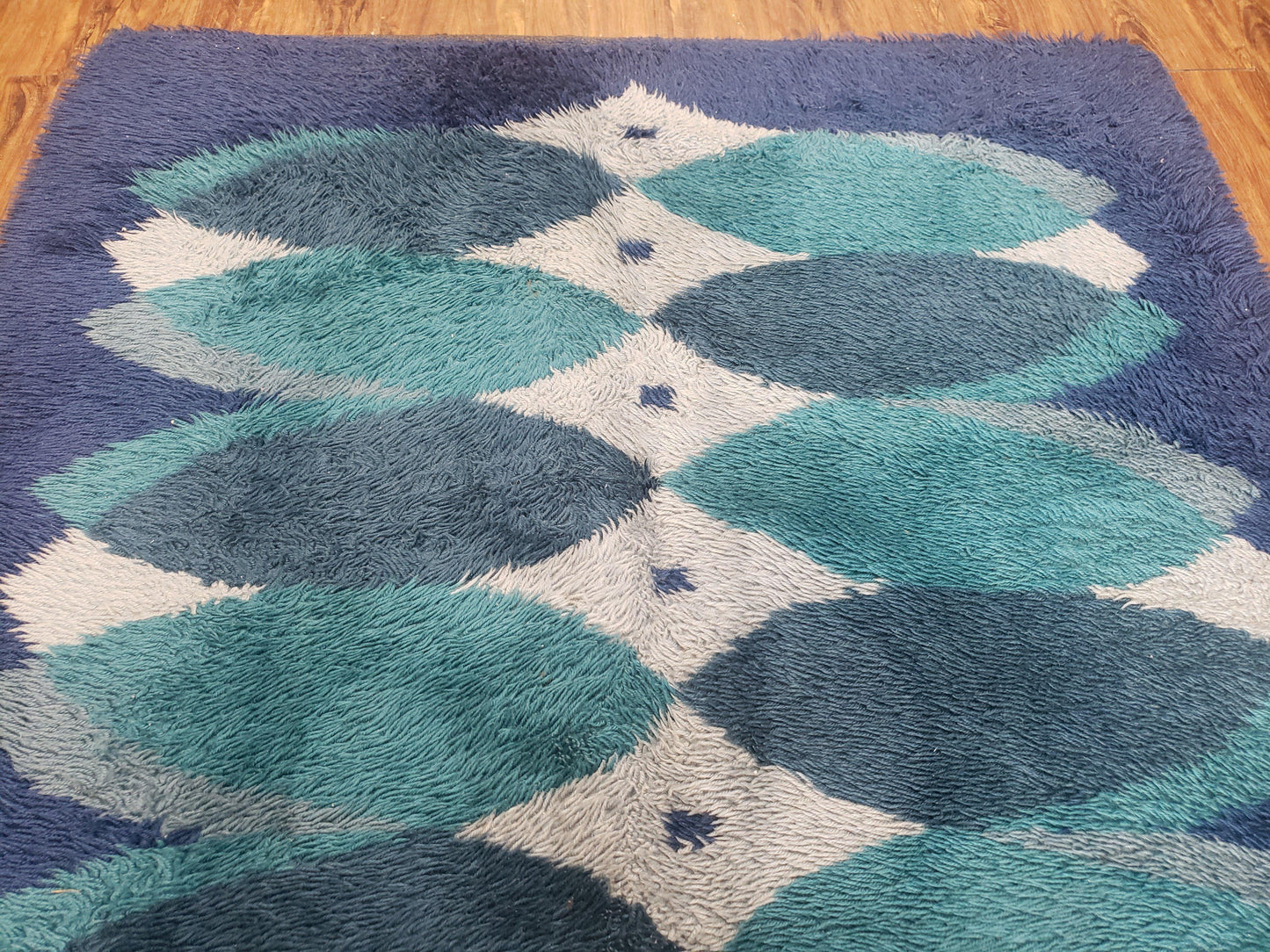 USED Blue Rya Rug, 1960s Mid-Century Modern Danish Shag Rug 4'6" x 6'7", Ege Rya, Abstract