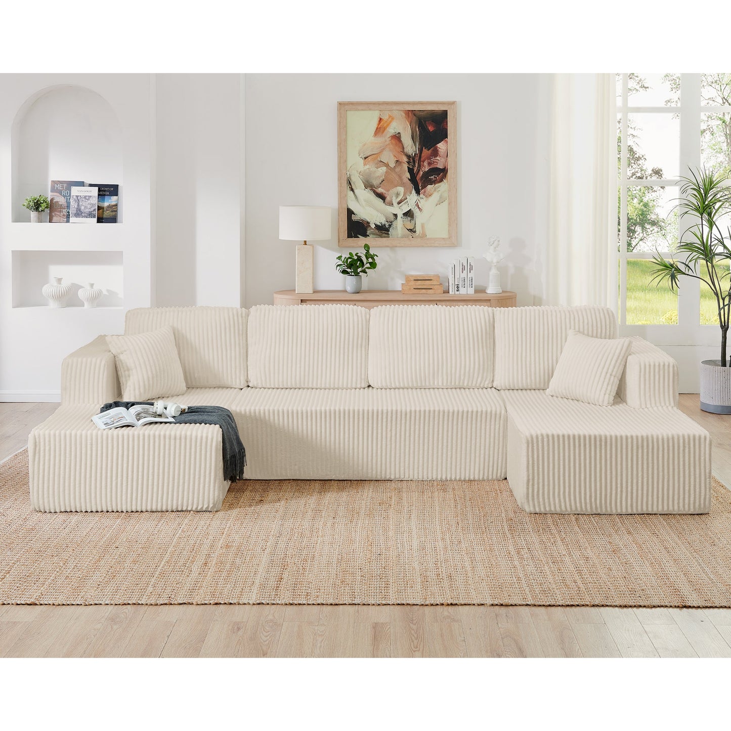 NEW Modern Minimalist U-Shape Beige Corduroy Modular Sectional Sleeper Sofa