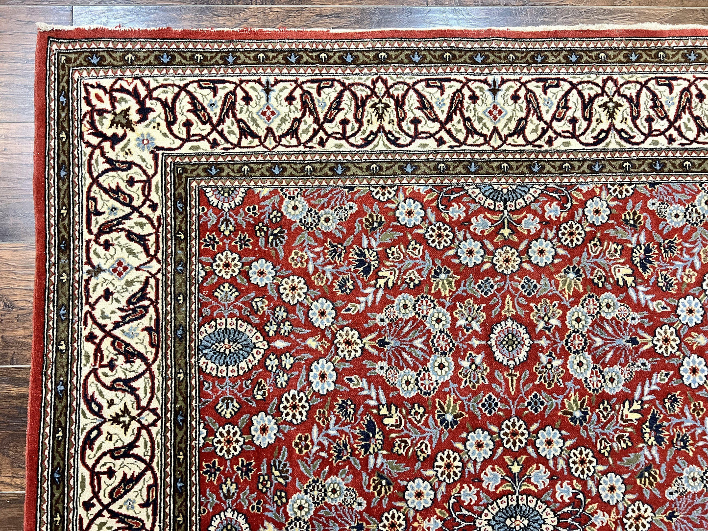 USED Red Persian Qum Rug 5 x 7.6, Hand Knotted Vintage Wool Fine Carpet 270 KPSI, Floral Allover