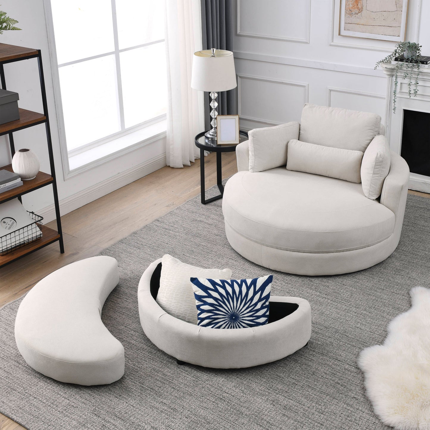NEW Welike Linen Fabric Swivel Accent Barrel Modern Sofa Lounge Club Big Round Chair with Storage Ottoman and Pillows
