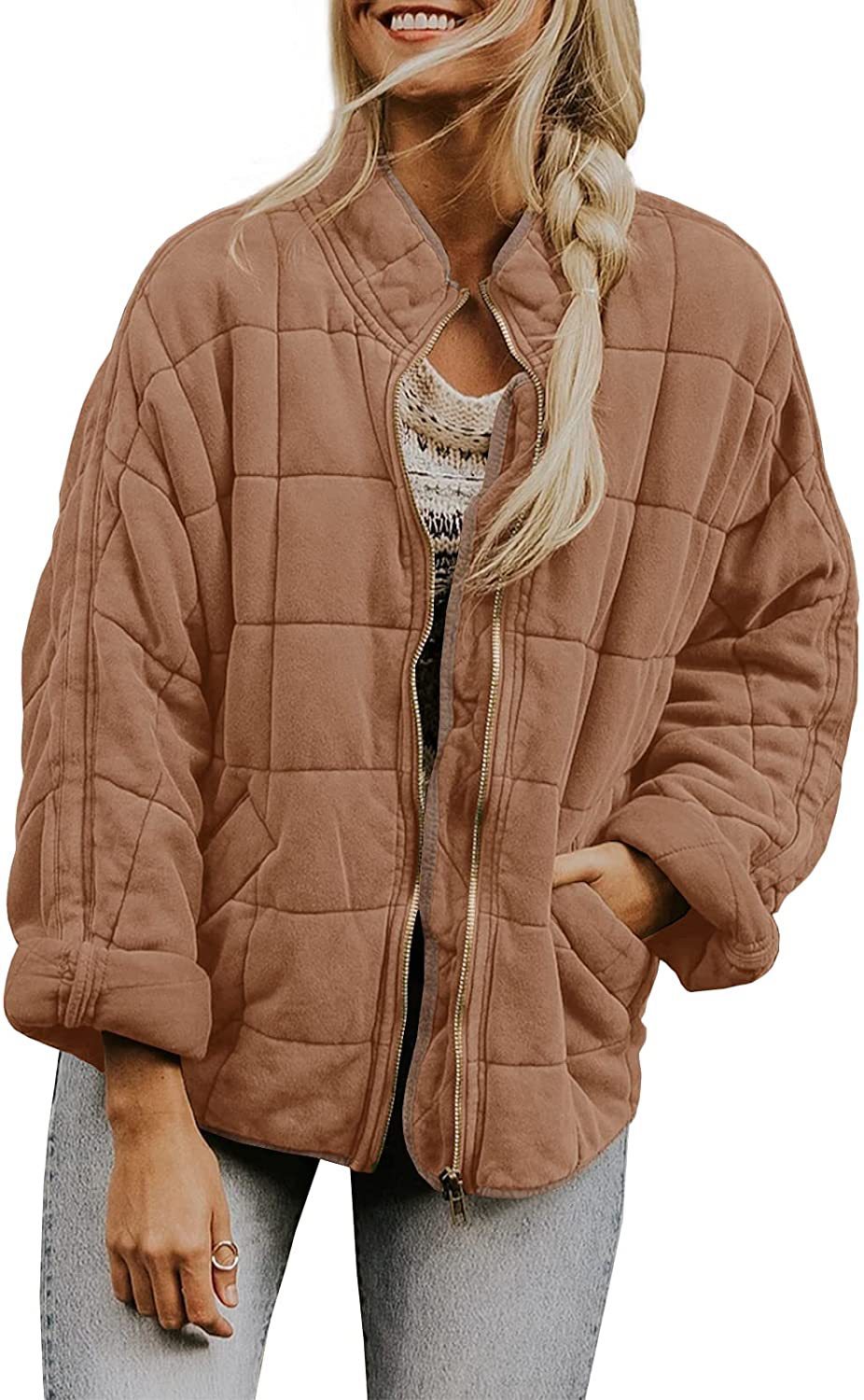 New Winter Zip-up Stand Collar Coat With Pockets Fashion Solid Color Plaid Long Sleeved Jacket Women's Clothing