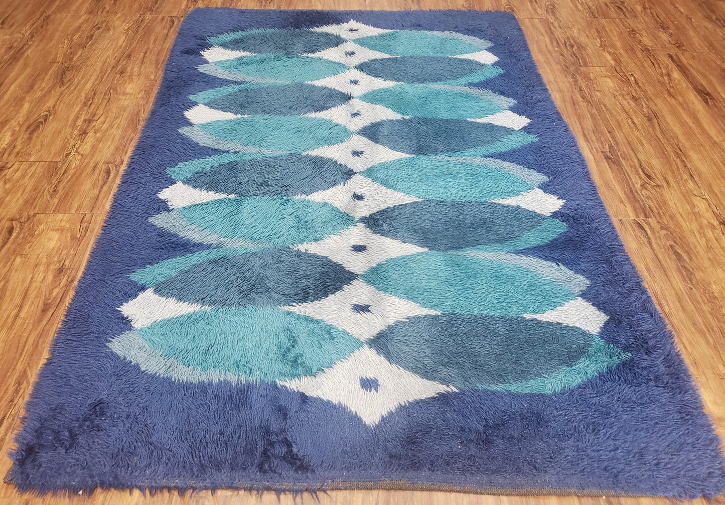 USED Blue Rya Rug, 1960s Mid-Century Modern Danish Shag Rug 4'6" x 6'7", Ege Rya, Abstract