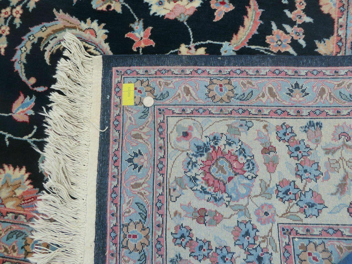 USED Large Indo Persian Rug 10x14, Wool Hand-Knotted Carpet, Navy Blue Ivory