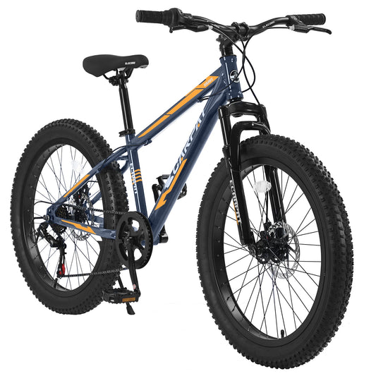 NEW  S24109 Elecony 24 Inch Fat Tire Bike Adult/Youth Full Shimano 7 Speeds Mountain Bike, Dual Disc Brake, High-Carbon Steel Frame, Front Suspension, Mountain Trail Bike, Urban Commuter City Bicycle