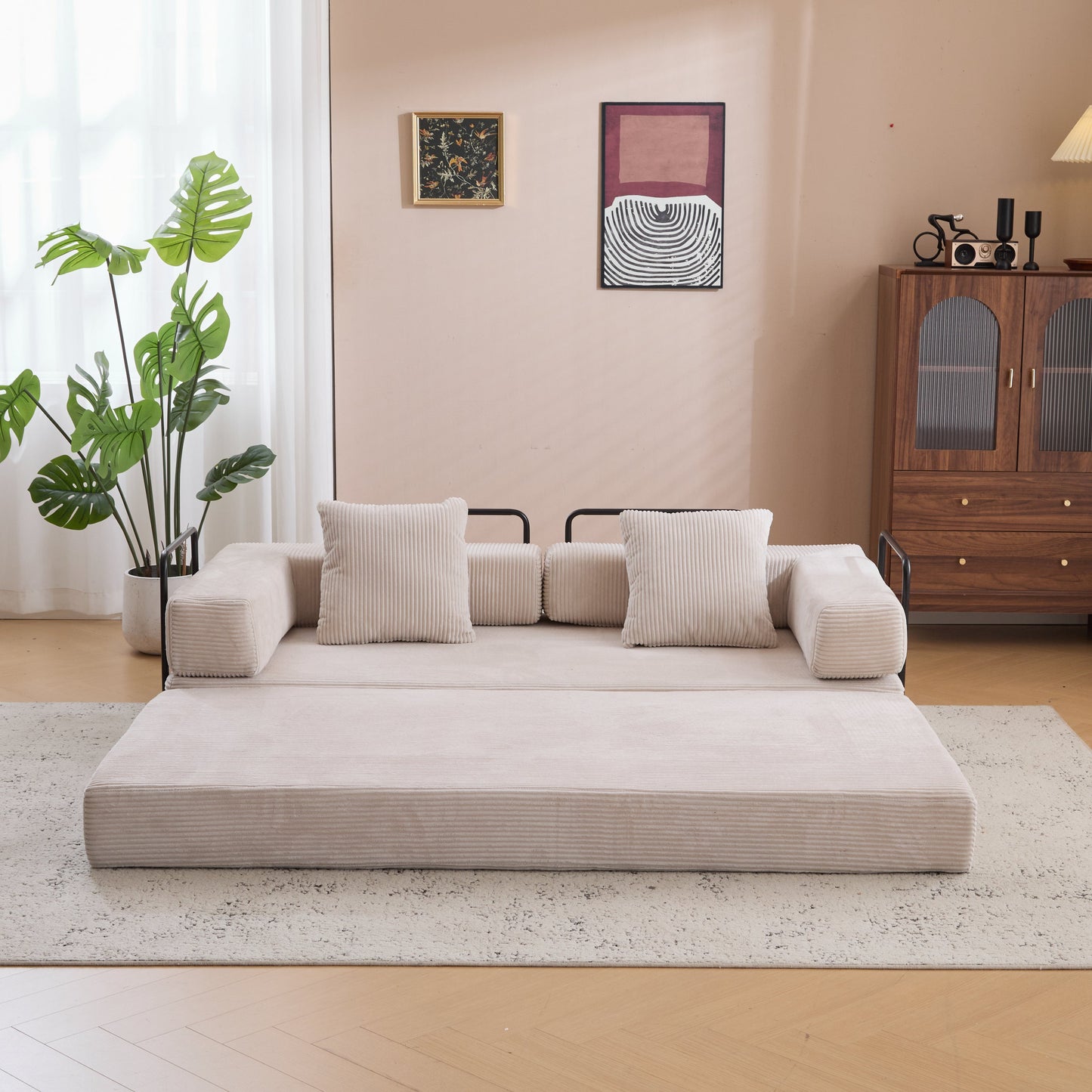 NEW Floor Compression Convertible Comfy Futon Lounge Sleeper Bed Floor Couch Sofa Bed with Pillow Back Support Armrest in Light Gray Corduroy Fabric