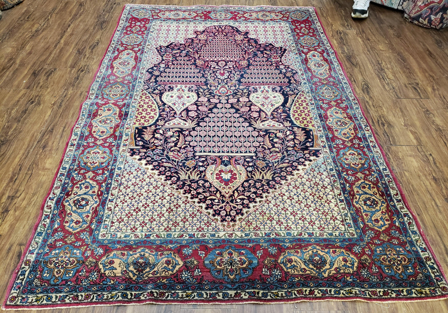 USED Antique Persian Tehran Rug 5x8, Midnight Blue and Red, Hand-Knotted, Wool