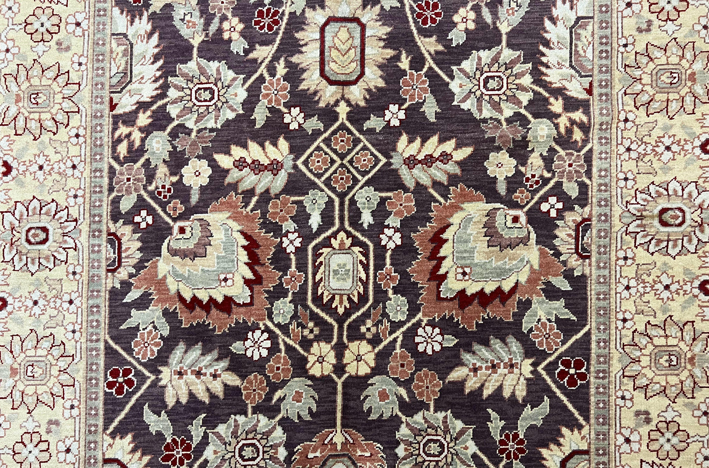 USED Vintage Indo Mahal Area Rug 6x9, Indian Persian Oriental Carpet 6 x 9, Puce Eggplant Tan Beige Rug, Hand-Knotted, Large Floral Design Wool