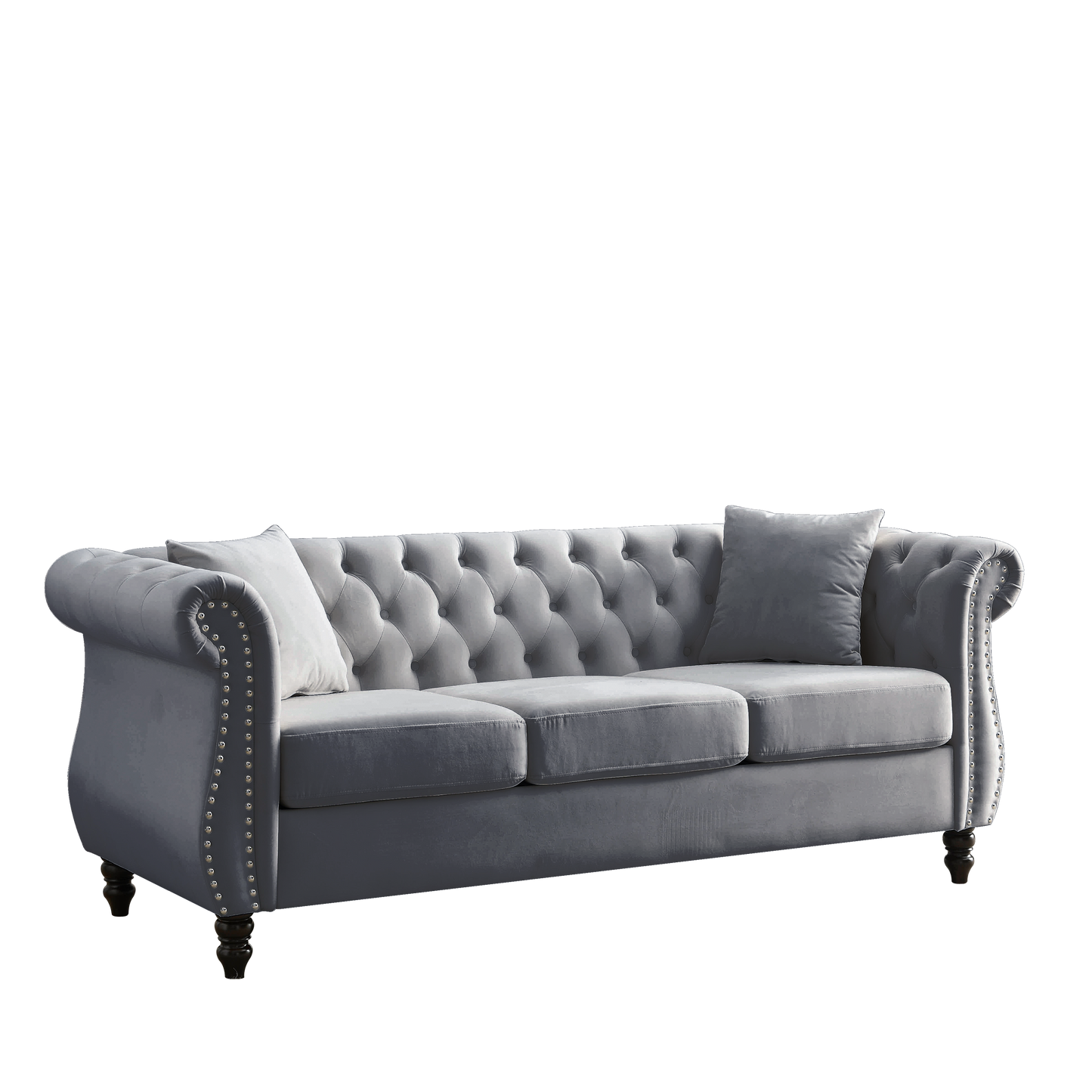 NEW 80' Chesterfield Sofa Couch Grey Velvet for Living Room, 3 Seater Sofa Tufted Couch with Rolled Arms Nailhead and Two Pillows