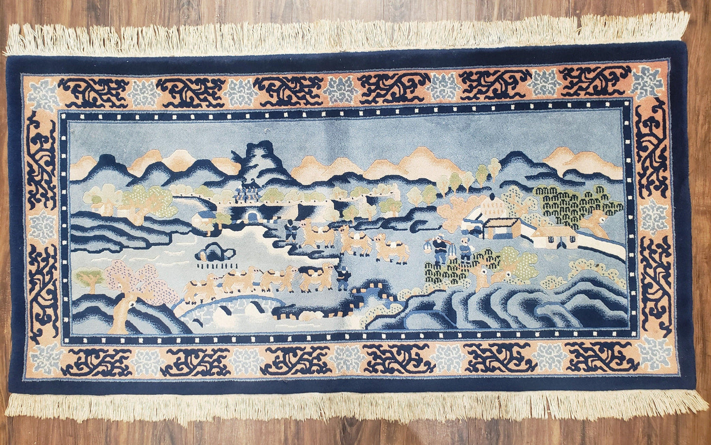 USED Vintage Chinese Pictorial Rug 2'4" x 4' 7", Chinese Village, Wool Hand-Knotted Blue & Teal Fine Carpet, Tapestry Rug, Woven Wall Art