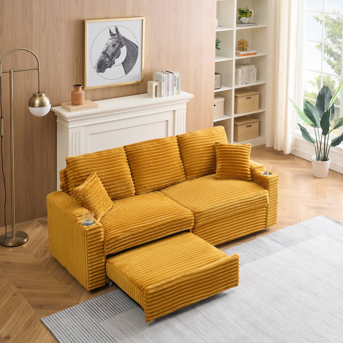 NEW Orange Corduroy Fabric 80 inch Two-in-One Pull-Out Sofa Foldable and Hidden Reclining Function