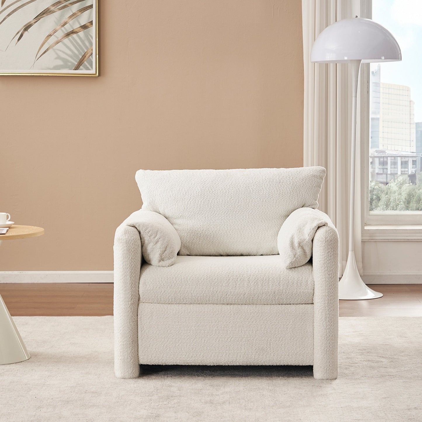 NEW Fixed Modern Ivory White Plush Chenille Lounge Accent Single Seater Armchair Chair with High-Resilience Cushion