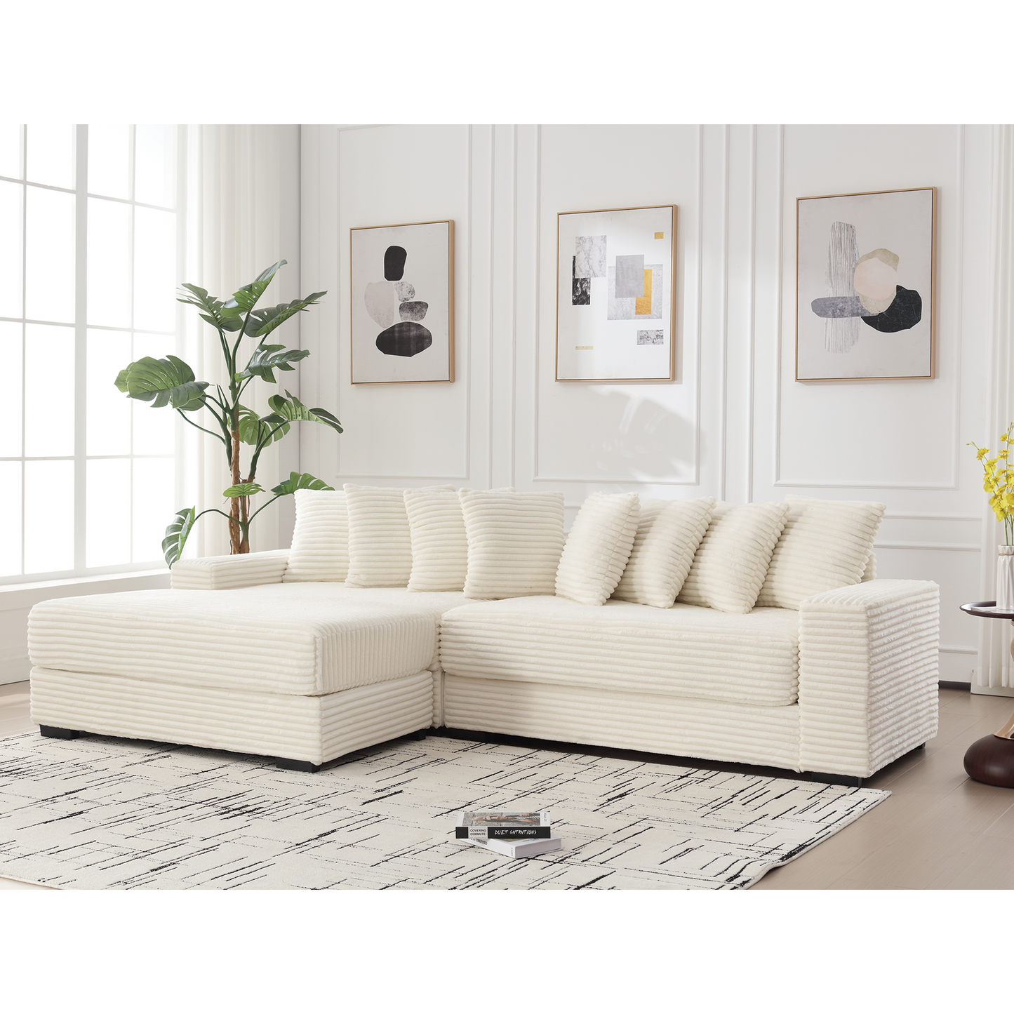 NEW Oversized Two-Piece  Couches,  L Shaped Sofa, Corduroy, Left Chaise Daybed,with Armrests,Eight Throw Pillows,Corner Sofa,Easy To Assemble, Beige