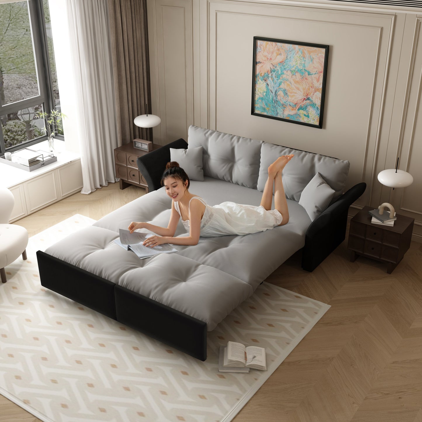 NEW Multi-Functional Loveseat 74.8' Queen Pull Out 3-in-1 Convertible Sleeper Tufted Sofa Bed with 2 Soft Pillows