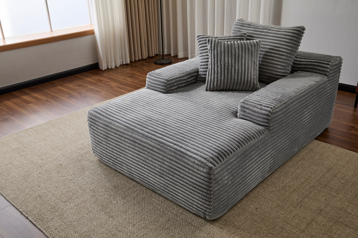 NEW Grey Oversized Chaise Lounge Chair Cozy Cloud Couch Modern Plush Corduroy Upholstered Sleeper Sofa Daybed with 3 Throw Pillows and Wide Armrest