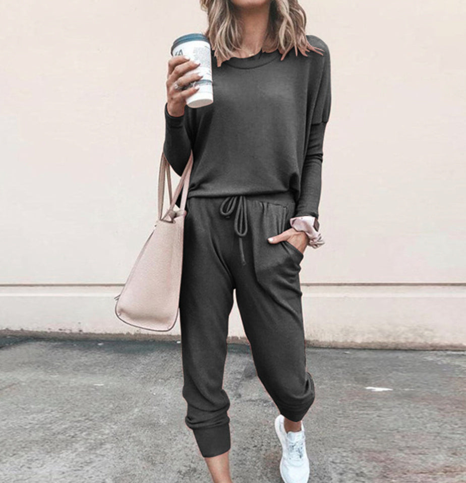 New Women's Long Sleeve Suit Fashion Pullover Top And Pockets Drawstring Long Pants Solid Color Casual Sports Trouser Suit Clothing