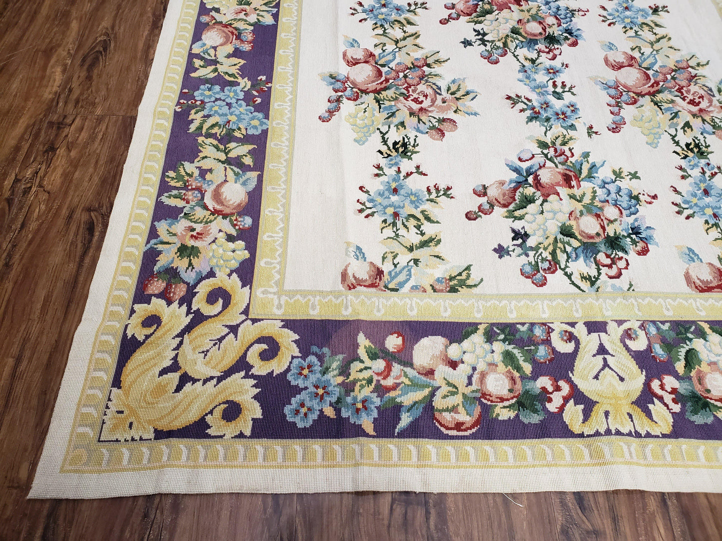 USED Vintage Chinese Floral Needlepoint Area Rug 6x9, Wool Hand-Woven Handmade Flatweave Rug, Ivory & Purple, Fruits Grapes Apples, Dining Room
