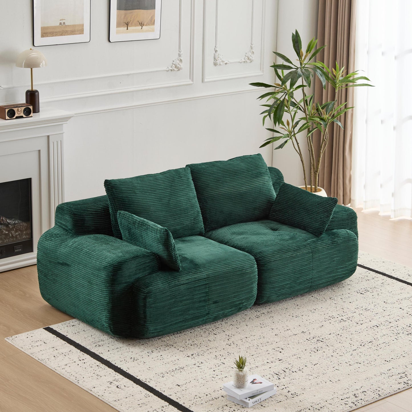 NEW Modern Memory Foam Green Corduroy Fabric Extra Deep Loveseat Compressed Sofa 2 Seater Large Modular Sectional Sofa Couch